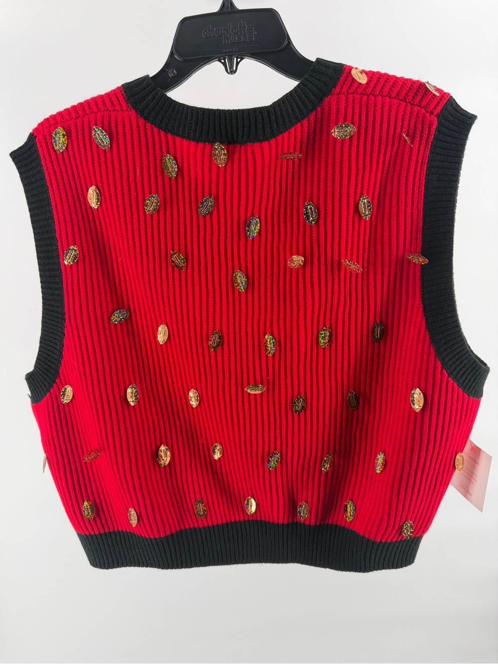NWT Queen of Sparkle 'Down Set Sparkle' Sweater Vest Black Red Game Day Shirt - Picture 5 of 9